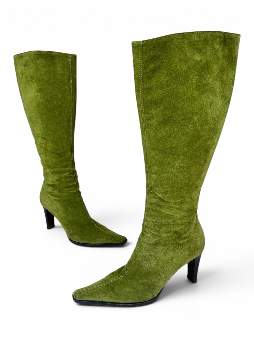 Vicini Olive Green Suede Knee High Pointed Boots
